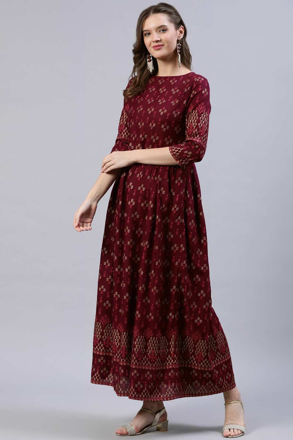 Buy Burgundy Viscose rayon geometric Printed Dress Online - Front