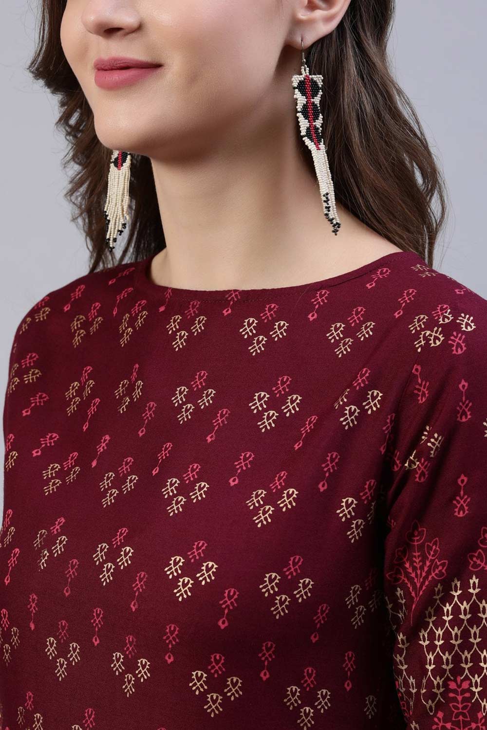 Buy Burgundy Viscose rayon geometric Printed Dress Online - Back