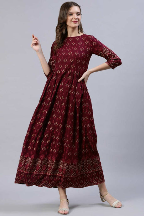 Buy Burgundy Viscose rayon geometric Printed Dress Online