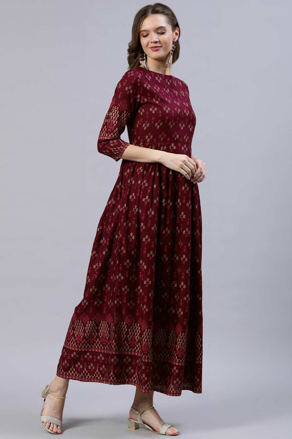 Buy Burgundy Viscose rayon geometric Printed Dress Online - Side