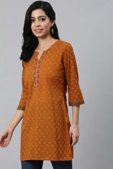 Buy Mustard & Red Cotton Floral Printed Straight Tunic Online - Front