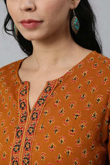 Buy Mustard & Red Cotton Floral Printed Straight Tunic Online - Back