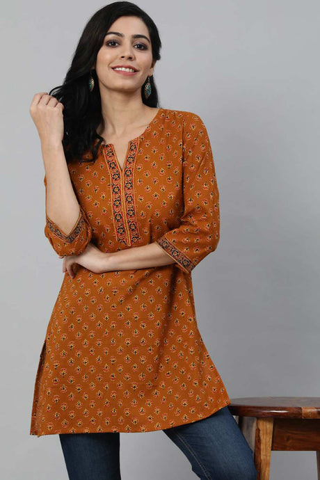 Buy Mustard & Red Cotton Floral Printed Straight Tunic Online