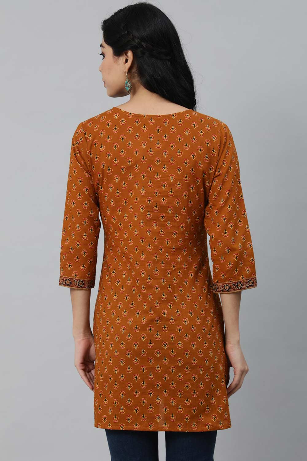 Buy Mustard & Red Cotton Floral Printed Straight Tunic Online - Side