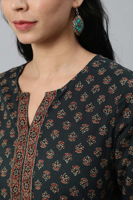 Buy Green Cotton Floral Printed Straight Tunic Online - Back