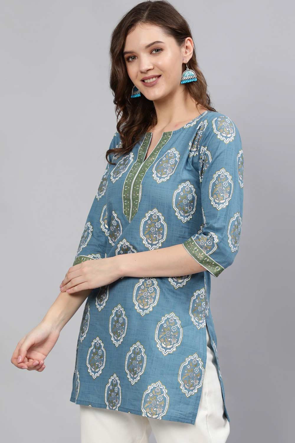 Buy Blue & Gold Cotton Floral Printed Tunic Online - Front