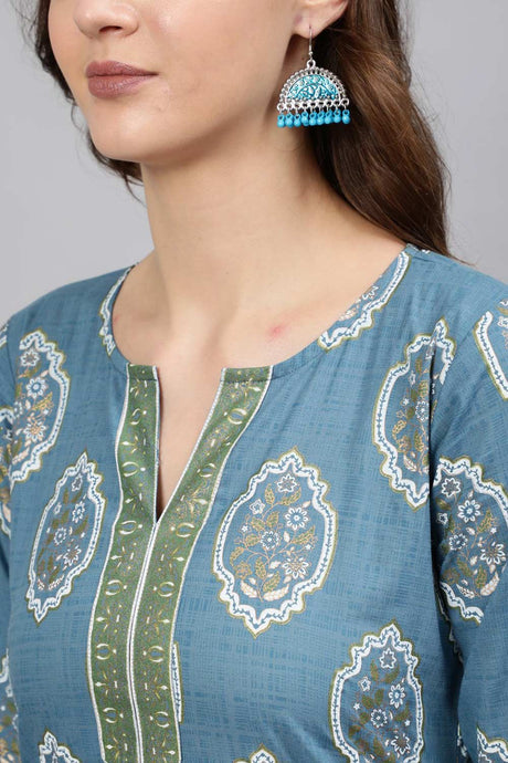 Buy Blue & Gold Cotton Floral Printed Tunic Online - Back