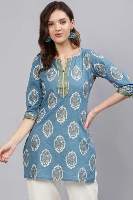 Buy Blue & Gold Cotton Floral Printed Tunic Online