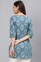 Buy Blue & Gold Cotton Floral Printed Tunic Online - Side