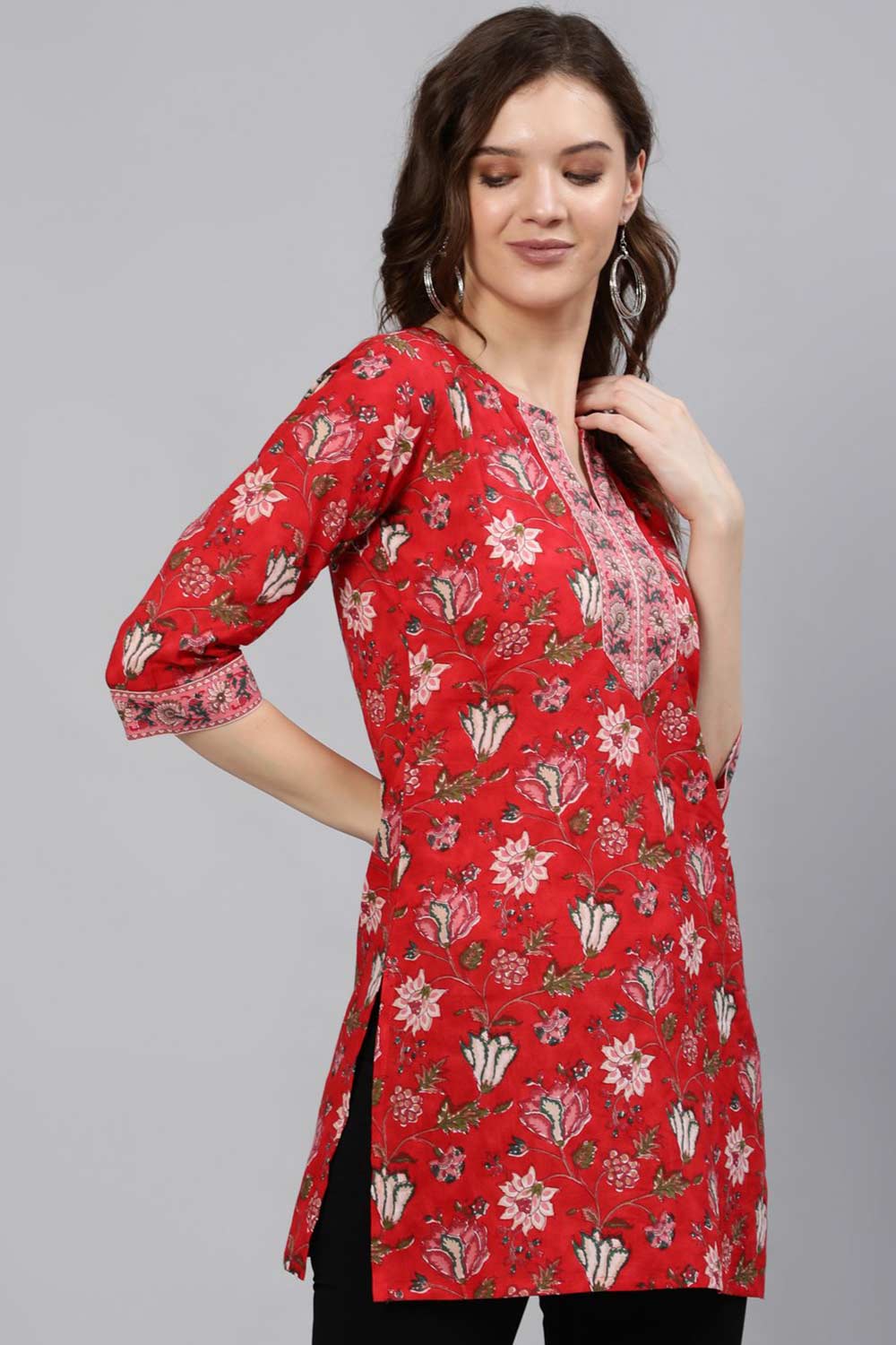 Buy Red Cotton Floral Printed Tunic Online - Front