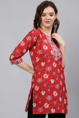 Buy Red Cotton Floral Printed Tunic Online - Front