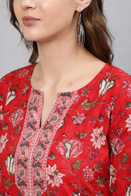 Buy Red Cotton Floral Printed Tunic Online - Back