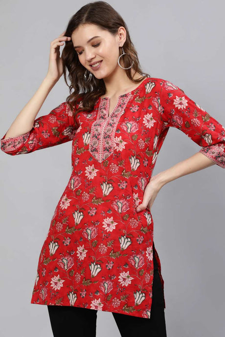 Buy Red Cotton Floral Printed Tunic Online