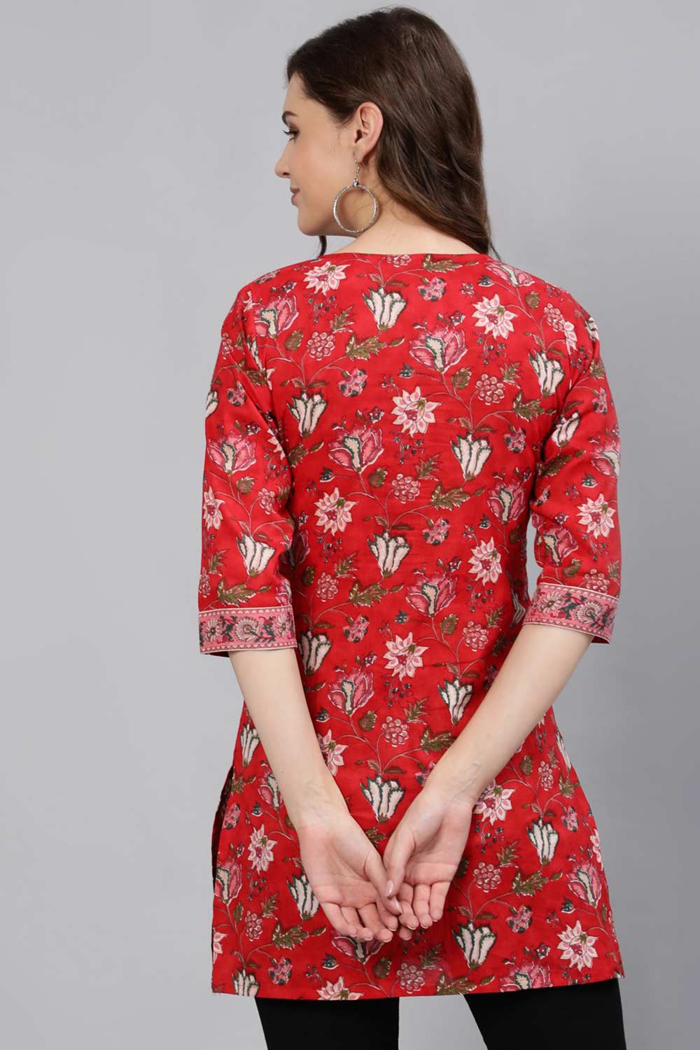 Buy Red Cotton Floral Printed Tunic Online - Side