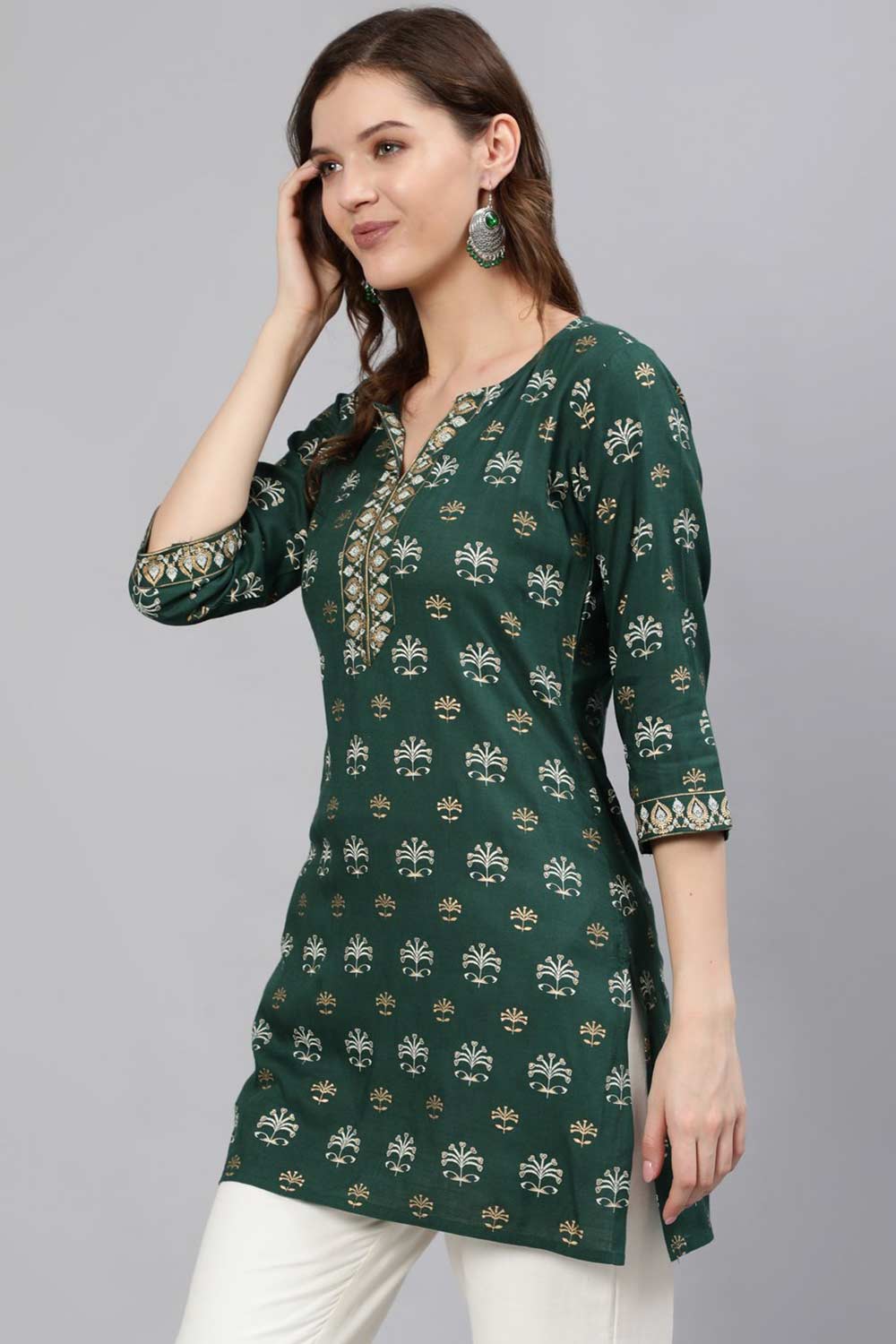 Buy Green & Gold Viscose rayon Floral Printed Tunic Online - Front