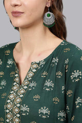 Buy Green & Gold Viscose rayon Floral Printed Tunic Online - Back