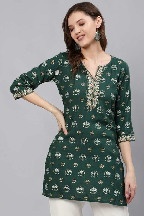 Buy Green & Gold Viscose rayon Floral Printed Tunic Online