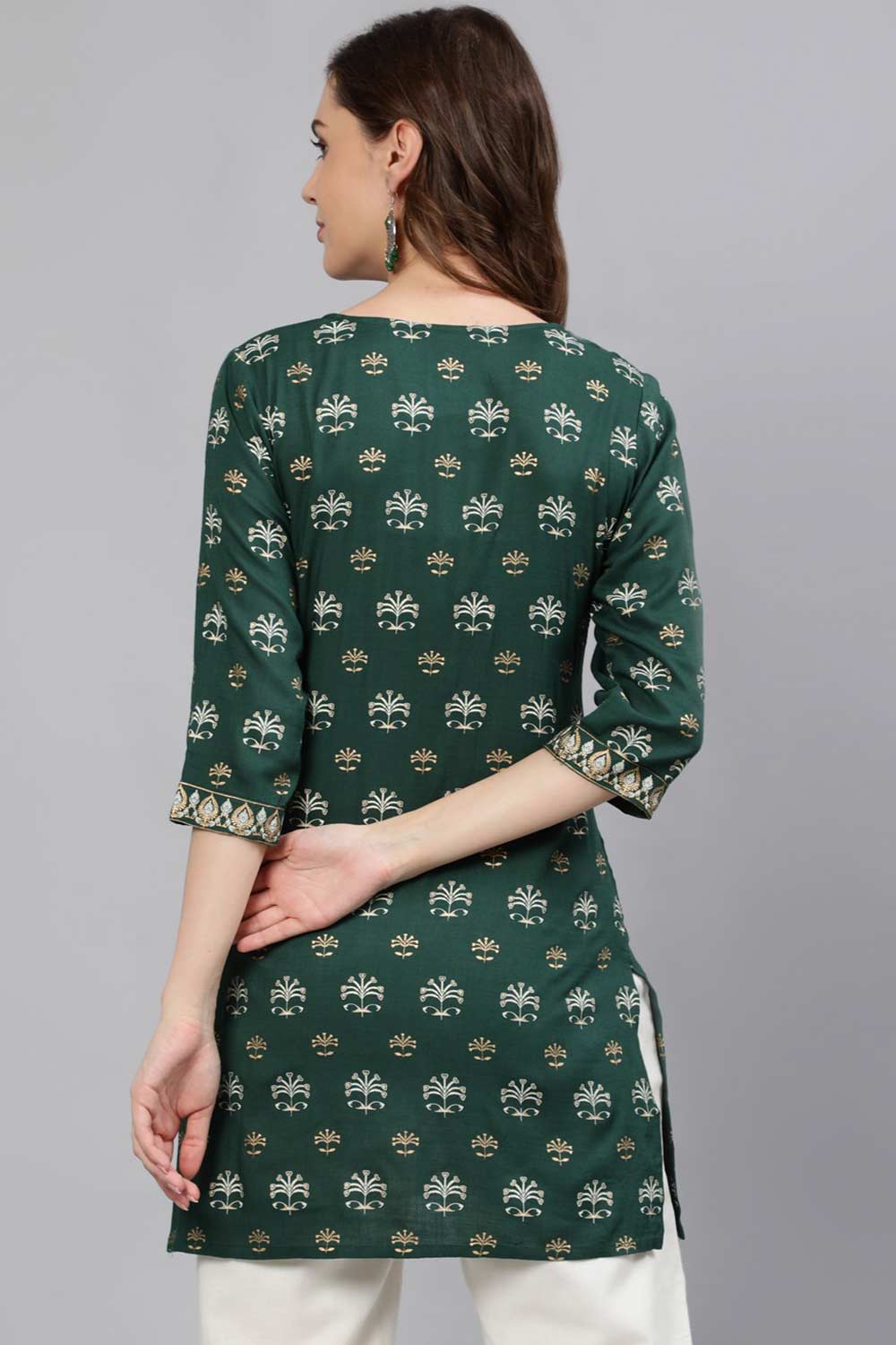 Buy Green & Gold Viscose rayon Floral Printed Tunic Online - Side