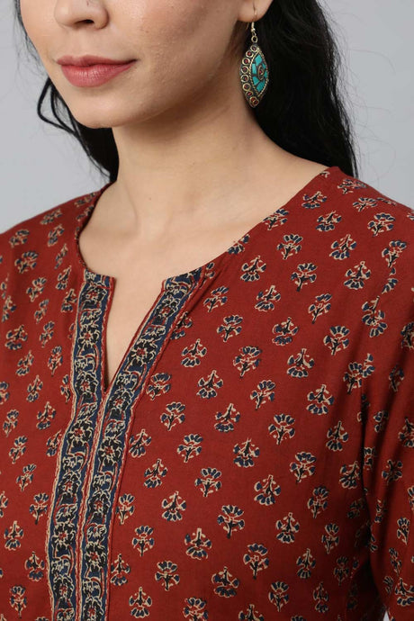 Buy Maroon Cotton Printed Straight Tunic Online - Back