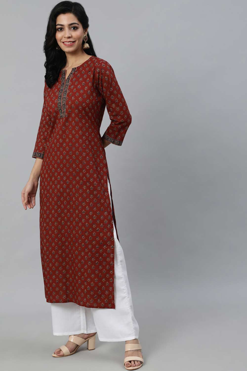 Buy Maroon Cotton Floral Printed Straight Kurta Online - Front