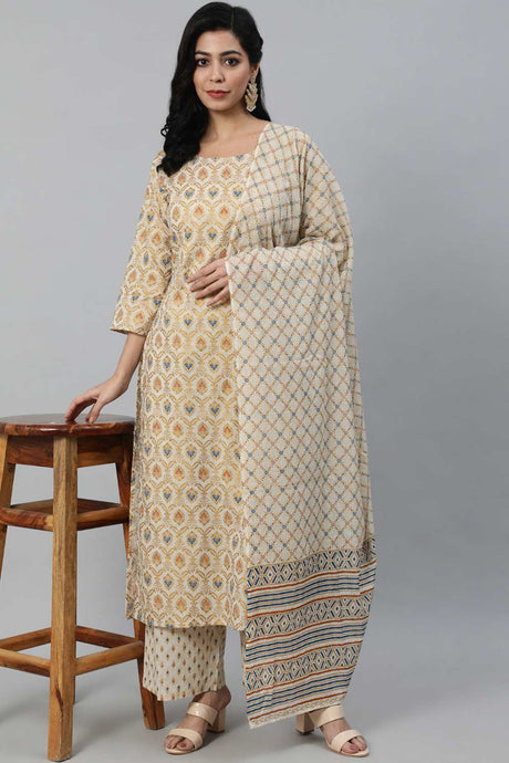 Buy Cream And Gold Printed Straight Palazzo Suit Set Online