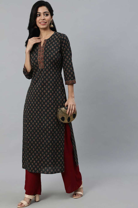 Buy Green Ethnic Cotton Floral Printed Straight Kurta Online