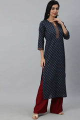 Buy Navy Blue Ethnic Cotton Floral Printed Straight kurta Online - Front
