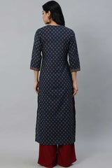 Buy Navy Blue Ethnic Cotton Floral Printed Straight kurta Online - Side