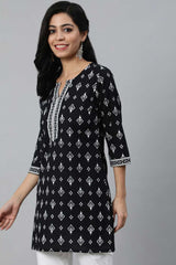 Buy Black & White Cotton Printed Cotton Straight Tunic Online - Front