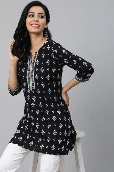 Buy Black & White Cotton Printed Cotton Straight Tunic Online