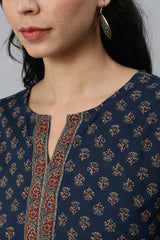 Buy Navy Blue And Marron Cotton Floral Printed Straight Tunic Online - Back