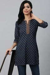 Buy Navy Blue And Marron Cotton Floral Printed Straight Tunic Online
