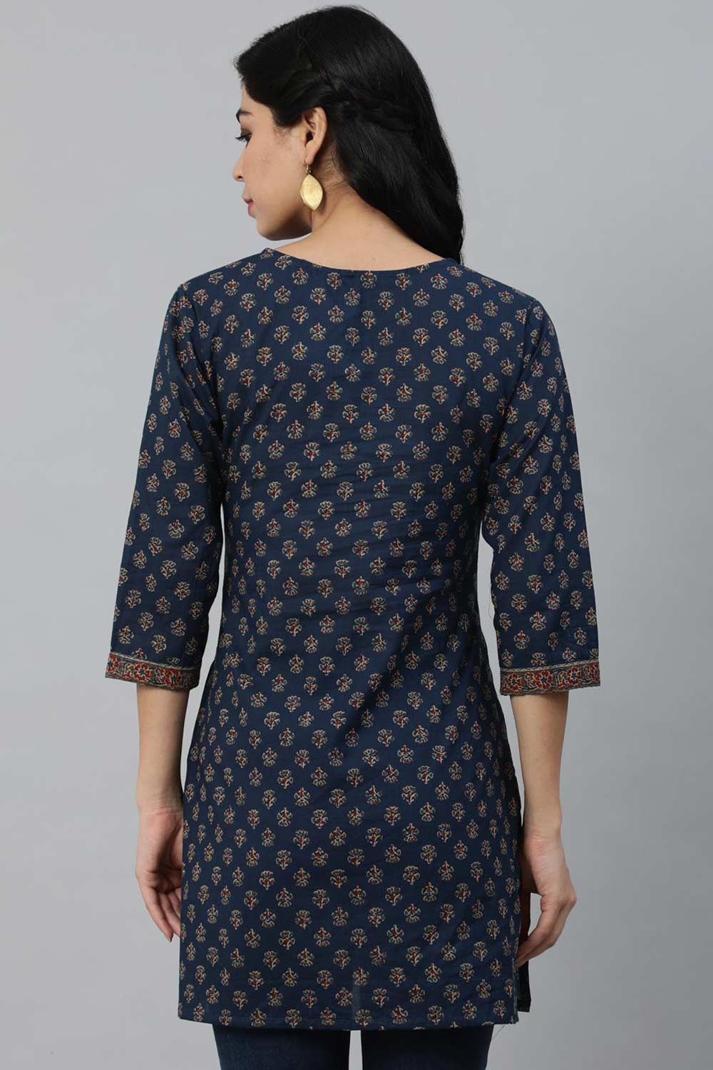 Buy Navy Blue And Marron Cotton Floral Printed Straight Tunic Online - Side