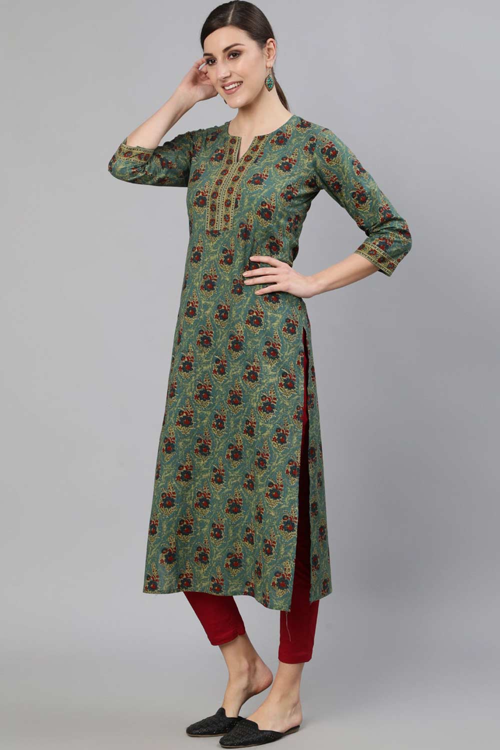 Buy Blue Cotton Floral Printed Straight Kurta Online - Front