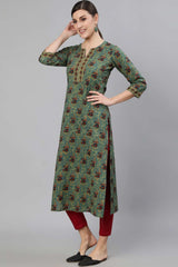 Buy Blue Cotton Floral Printed Straight Kurta Online - Front