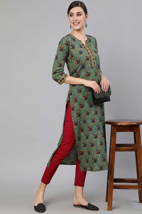 Buy Blue Cotton Floral Printed Straight Kurta Online