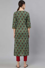 Buy Blue Cotton Floral Printed Straight Kurta Online - Side