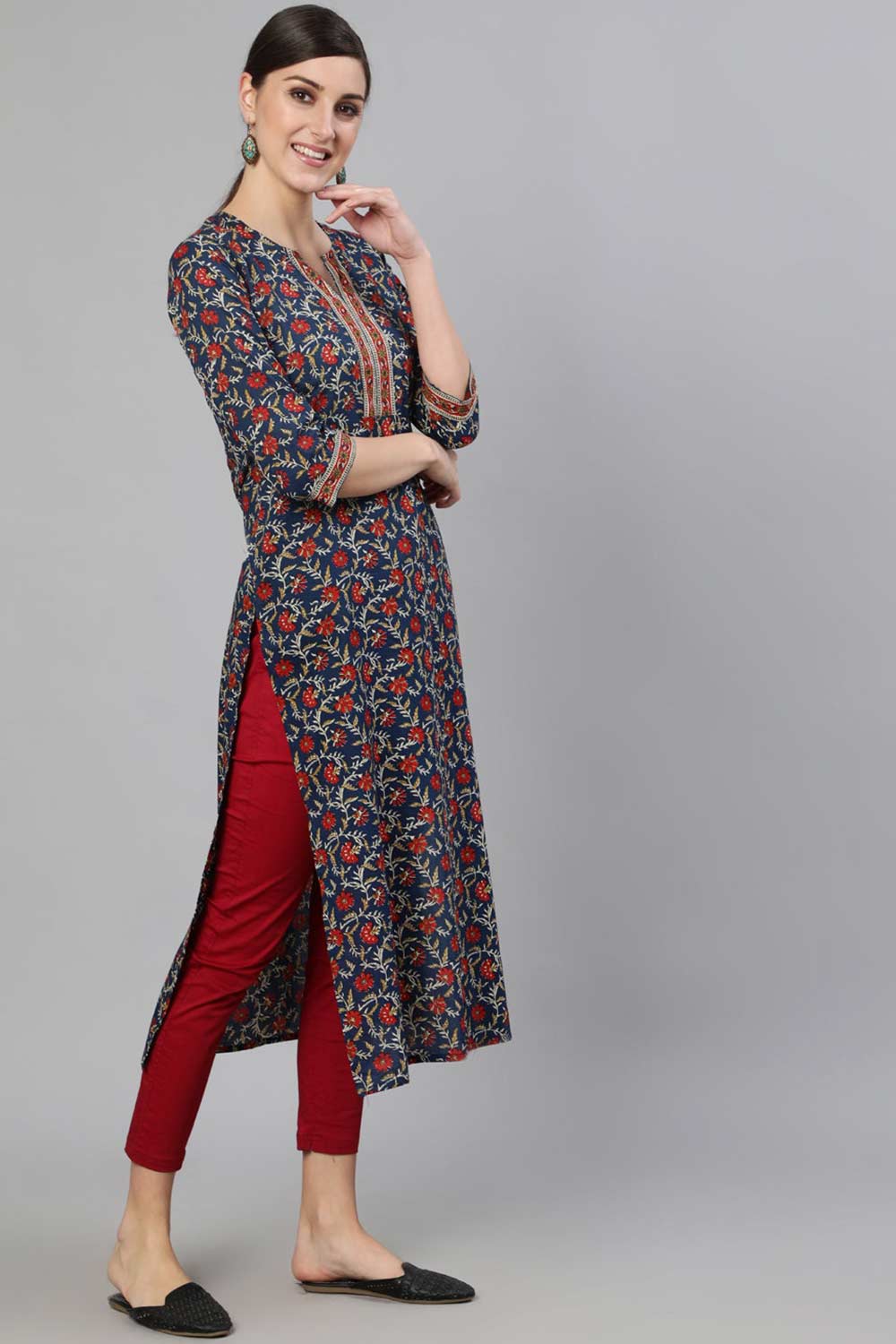 Buy Blue Cotton Printed Straight Kurta Online - Front