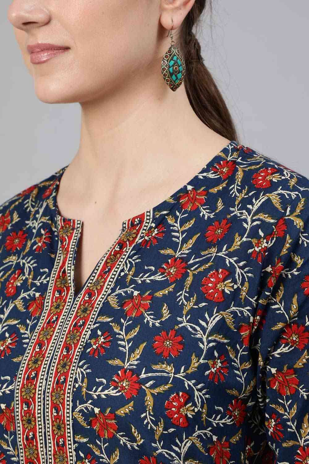 Buy Blue Cotton Printed Straight Kurta Online - Back