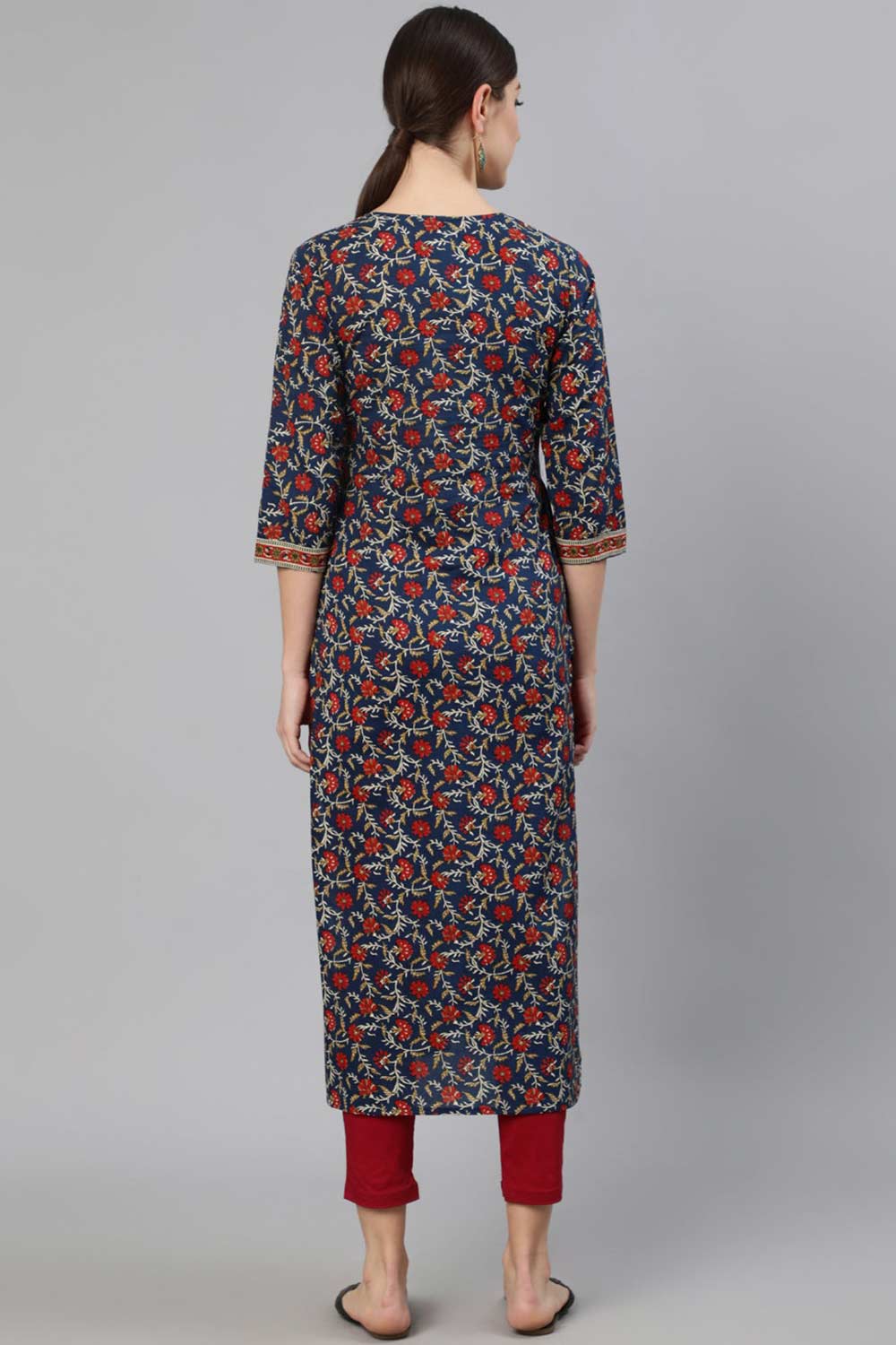 Buy Blue Cotton Printed Straight Kurta Online - Side