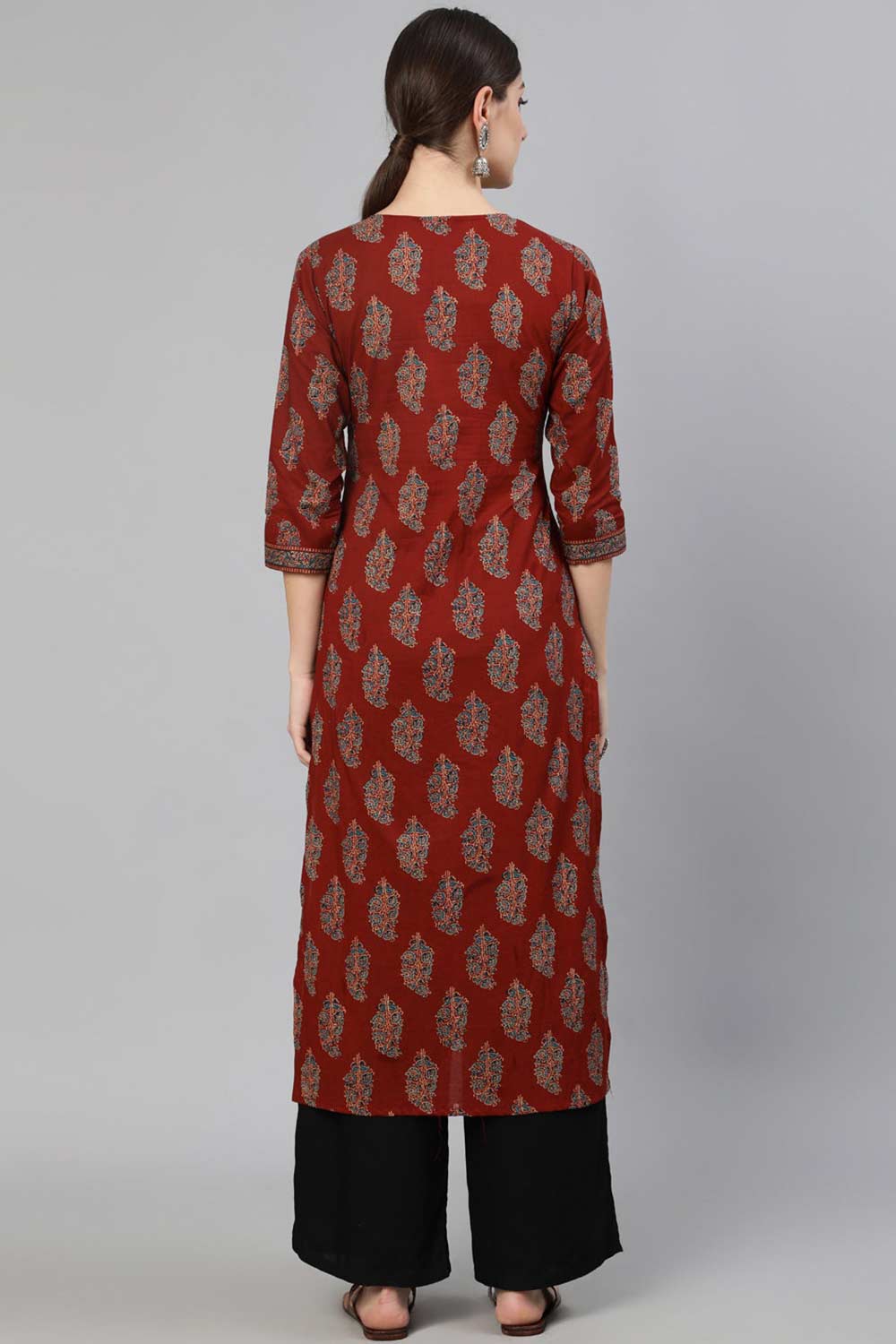 Buy Maroon Cotton geometric Printed Straight Kurta Online - Side