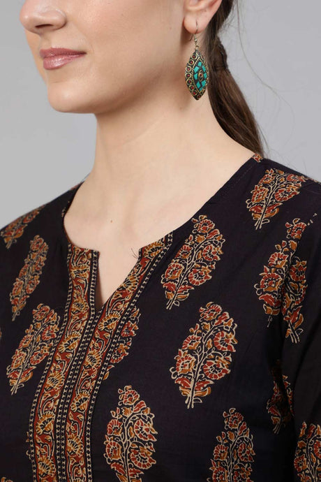 Buy Black Cotton Ethnic Printed Straight Kurta Online - Back