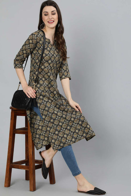 Buy Black Cotton geometric Abstract Printed Straight Kurta Online