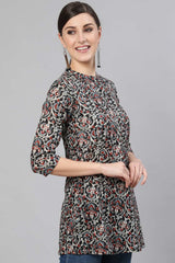 Buy Black Cotton Floral Printed Straight Tunic Online - Front