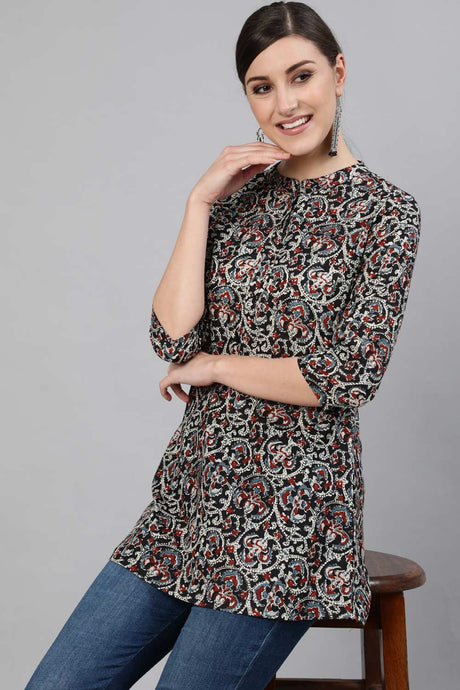 Buy Black Cotton Floral Printed Straight Tunic Online