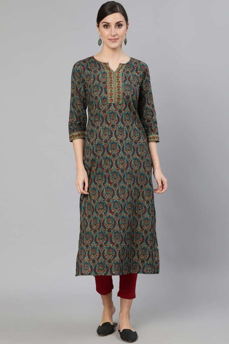 Buy Blue Ethnic Motif Cotton Printed Straight Kurta Online