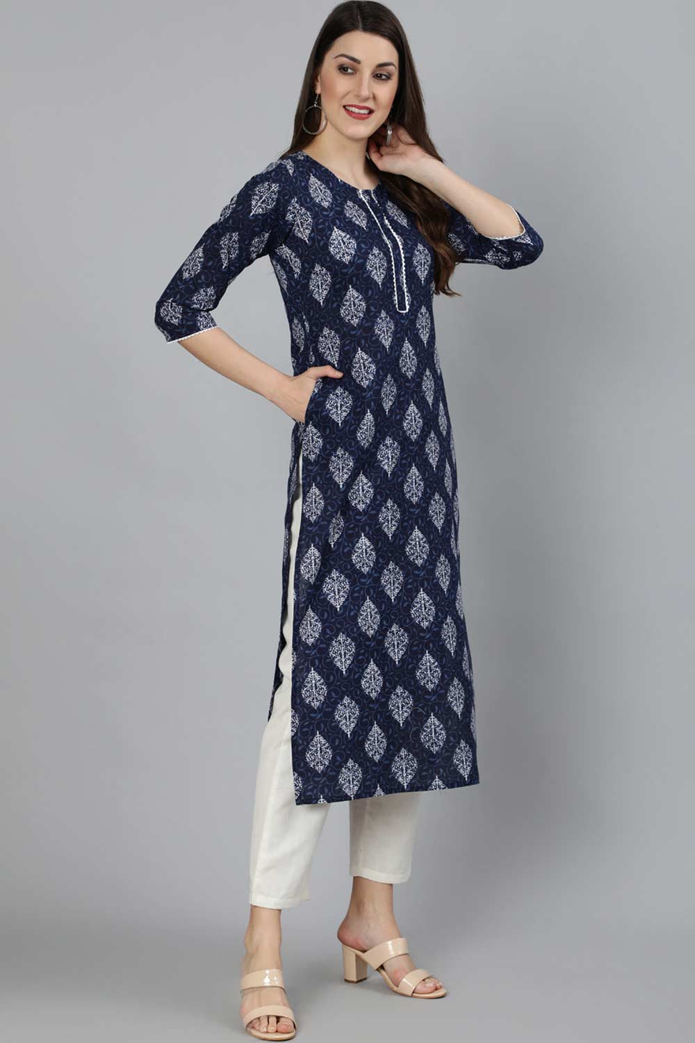 Buy Navy Blue Cotton Ethnic Floral Printed Straight Kurta with Lace Details Online - Front