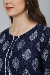 Buy Navy Blue Cotton Ethnic Floral Printed Straight Kurta with Lace Details Online - Back