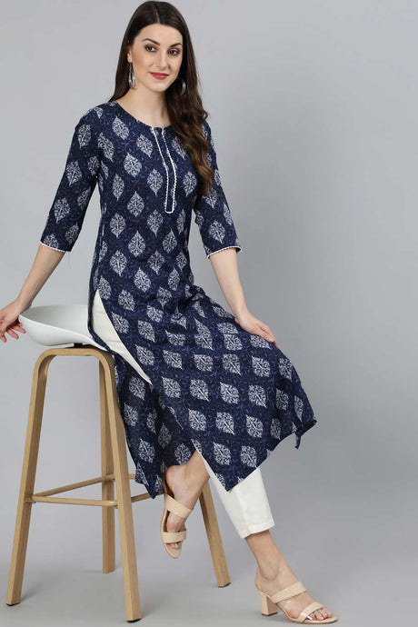 Buy Navy Blue Cotton Ethnic Floral Printed Straight Kurta with Lace Details Online