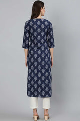 Buy Navy Blue Cotton Ethnic Floral Printed Straight Kurta with Lace Details Online - Side